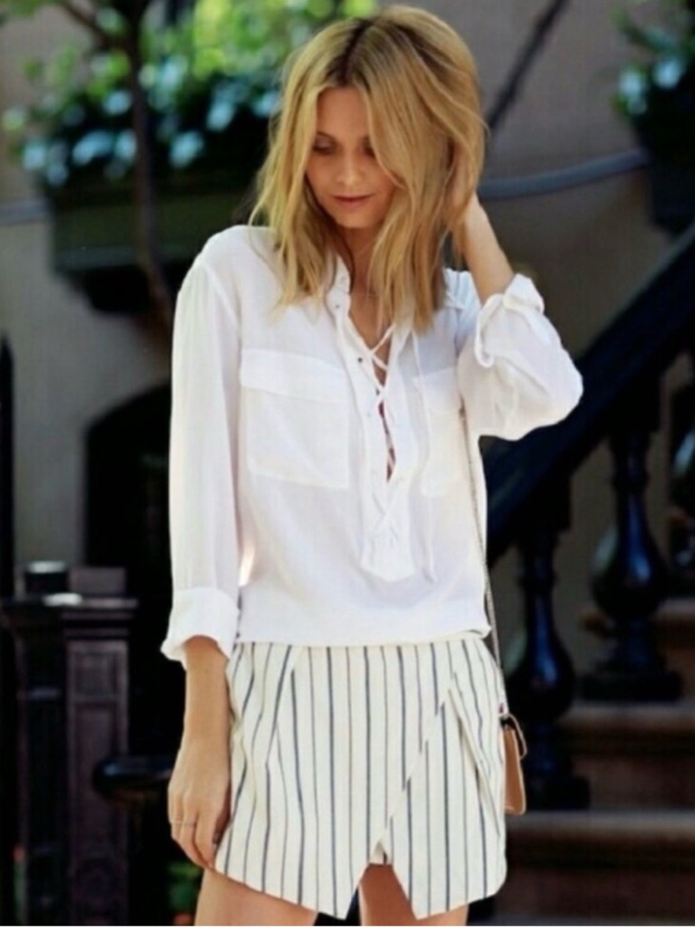 Equipment Silk White Lace-Up Blouse, Small